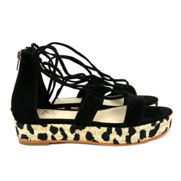 (O)Vince Camuto Kellia SuedeLeopard Sisal Leather Sandals with Straps Black 8.5M - Picture 1 of 14